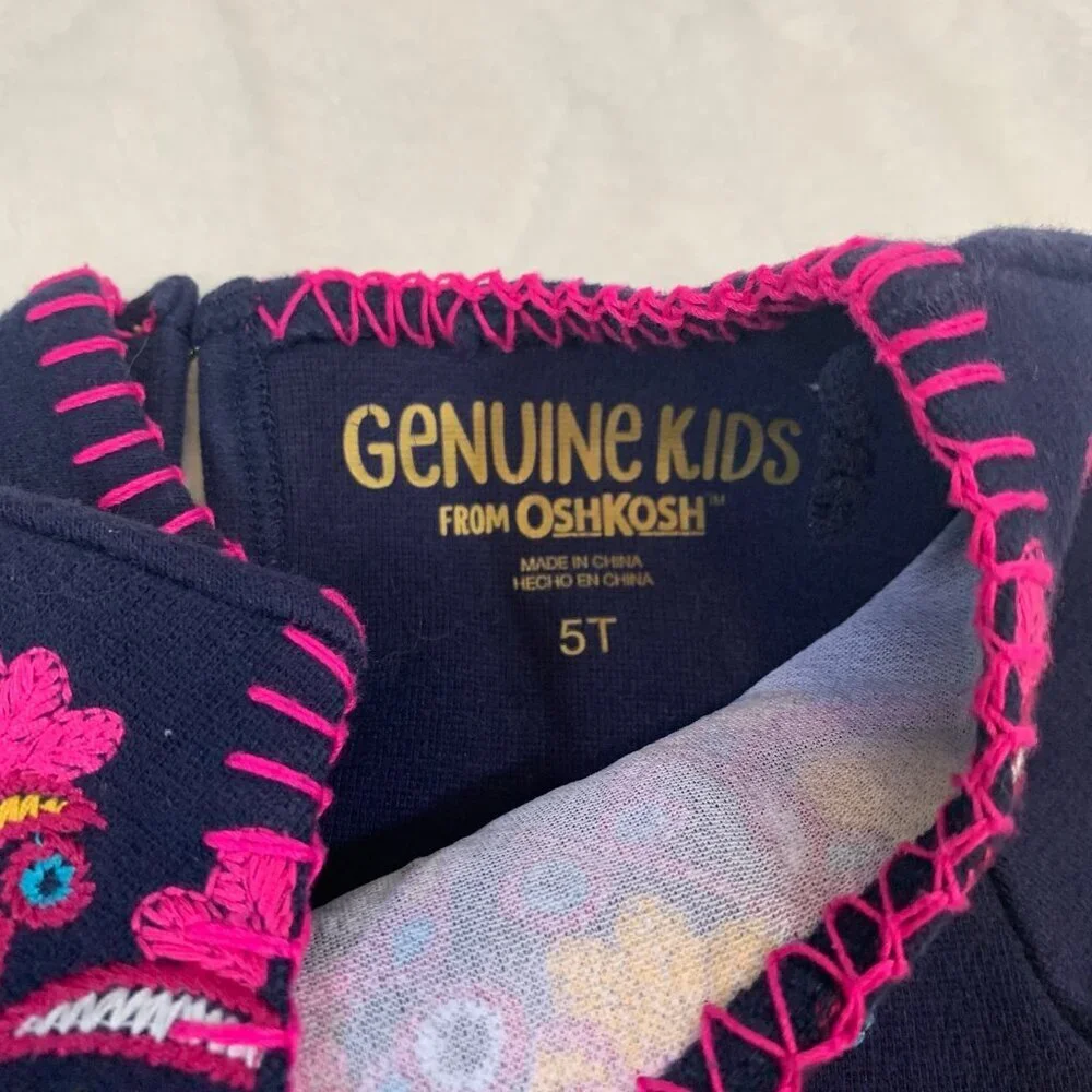 5/$25 Genuine Kids OshKosh Girls 5T Navy Blue‎ Embroidered Floral Tunic Top